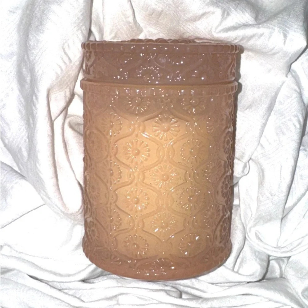 Sand + Fog Island Orchid Candle Heavy Pink Glass Etched Like Crystal New 8 oz